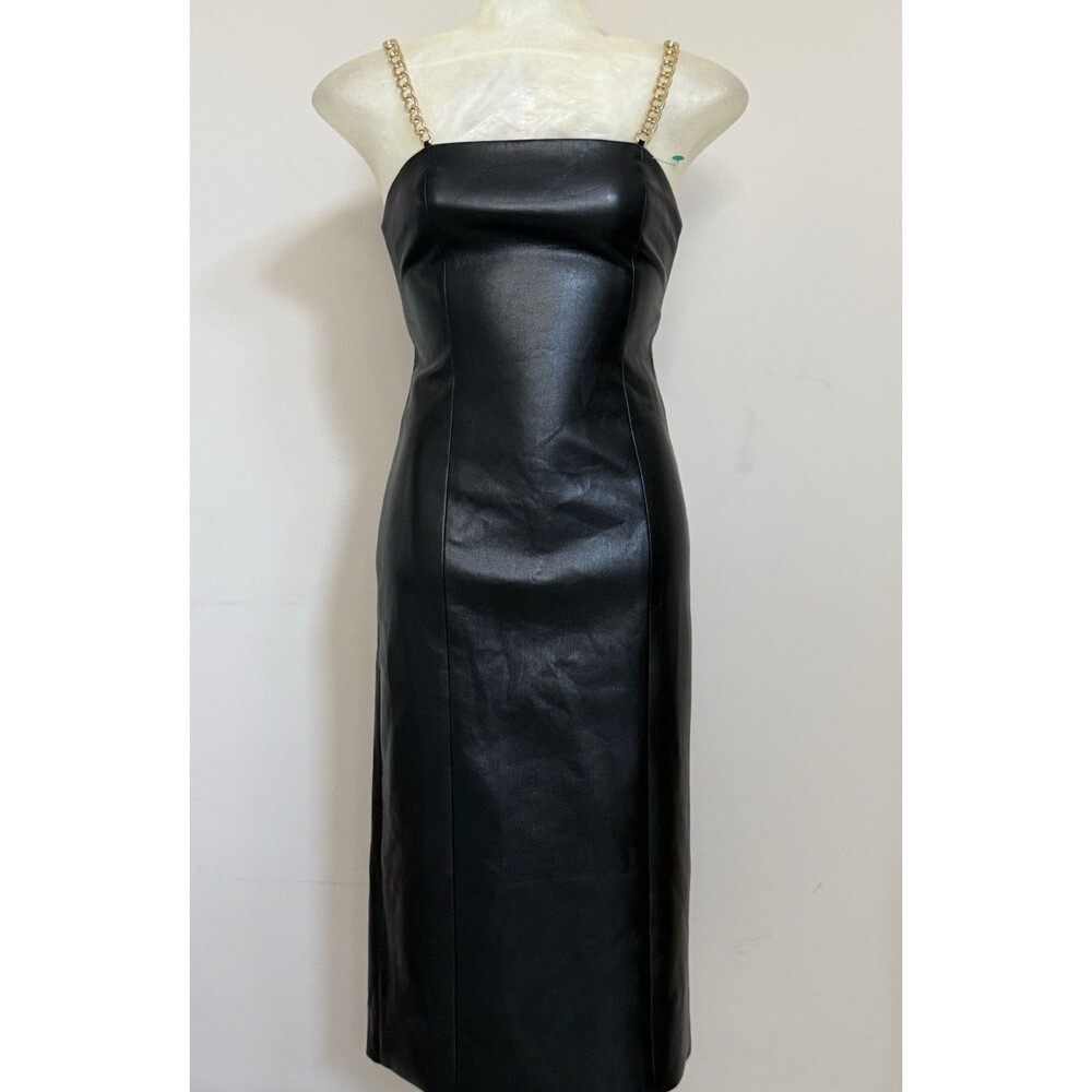 ALICE + OLIVIA Fifi Chain Strap Vegan Leather Midi Dress Black Size 0